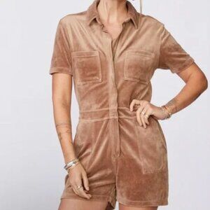 NWT Monrow Women's size XS terry cloth velour romper tan brown collared short